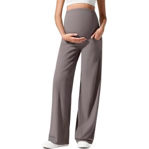 imageG4Free Ribbed Maternity Yoga Pants with Pockets Over The Belly Wide Leg Casual Pregnancy Lounge TrousersTaupe