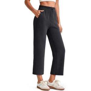 imageG4Free Smoofit Modal Soft Women Wide Leg Capri Sweatpants Adjustable Shockcord High Waist Casual Cropped Pants with PocketsBlack