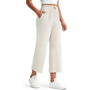 imageG4Free Smoofit Modal Soft Women Wide Leg Capri Sweatpants Adjustable Shockcord High Waist Casual Cropped Pants with PocketsIvory