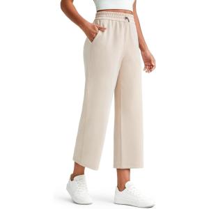 imageG4Free Smoofit Modal Soft Women Wide Leg Capri Sweatpants Adjustable Shockcord High Waist Casual Cropped Pants with PocketsLight Khaki