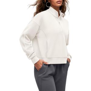 imageG4Free Smoofit Modal Soft Womens HalfZip Sweatshirts Pullover Mock Neck Casual Tops with PocketsIvory