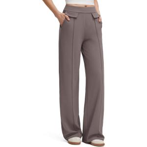 imageG4Free GOTO Womens Wide Leg Pants High Waisted Yoga Pants Casual Palazzo Trousers with PocketsTaupe