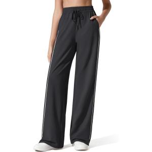 imageG4Free Womens Lightweight Track Pant with Pockets Wide Leg Jogging Sweatpants Drawstring Casual TrousersBlack