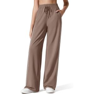 imageG4Free Womens Lightweight Track Pant with Pockets Wide Leg Jogging Sweatpants Drawstring Casual TrousersMocha Cream