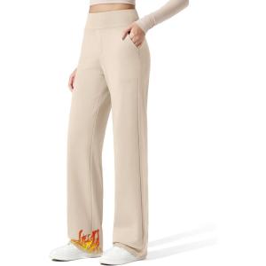 imageG4Free Women Fleece Lined Pants with Pockets Wide Leg Winter Thermal Work Trousers Dressy Casual PetiteRegularTallLight Khaki