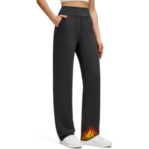 imageG4Free Womens Fleece Lined Straight Leg Pants Winter Thermal Work Trousers with PocketsBlack
