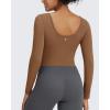 imageG4Free Barefeel Slim Fitted Womens Long Sleeve Crop Workout Tops Low Back Athletic Yoga Exercise Shirts Scoop Neck Base LayerCoffee