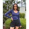 imageG4Free Barefeel Slim Fitted Womens Long Sleeve Crop Workout Tops Low Back Athletic Yoga Exercise Shirts Scoop Neck Base LayerNavy