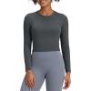 imageG4Free BareFeel Long Sleeve Workout Tops for Women Slim Athletic Gym Yoga Shirt Cropped Basic Tight ShirtDark Gray