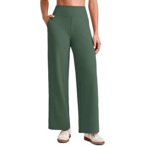 imageG4Free 255275295 Wide Leg Pants for Women 78 Length Yoga Dress Pants High Waist Stretch with Pockets Casual WorkDark Forest Green