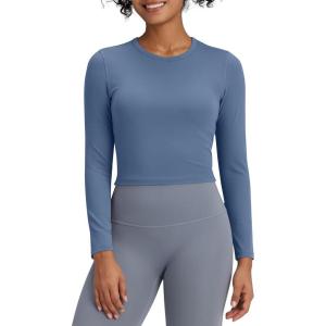 imageG4Free BareFeel Long Sleeve Workout Tops for Women Slim Athletic Gym Yoga Shirt Cropped Basic Tight ShirtBlue Gray