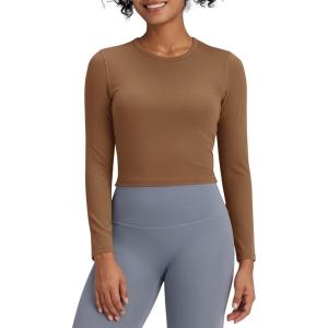 imageG4Free BareFeel Long Sleeve Workout Tops for Women Slim Athletic Gym Yoga Shirt Cropped Basic Tight ShirtCoffee