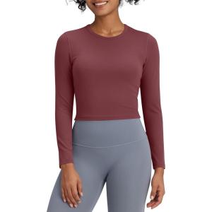 imageG4Free BareFeel Long Sleeve Workout Tops for Women Slim Athletic Gym Yoga Shirt Cropped Basic Tight ShirtDark Burgundy
