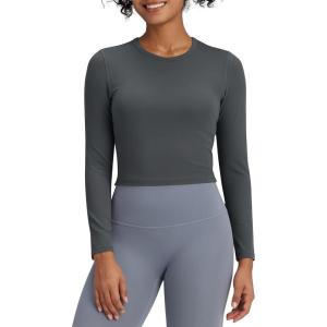 imageG4Free BareFeel Long Sleeve Workout Tops for Women Slim Athletic Gym Yoga Shirt Cropped Basic Tight ShirtDark Gray