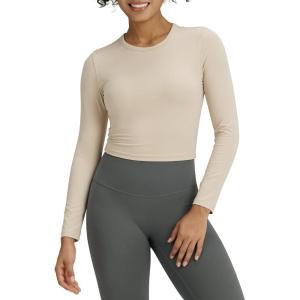 imageG4Free BareFeel Long Sleeve Workout Tops for Women Slim Athletic Gym Yoga Shirt Cropped Basic Tight ShirtKhaki
