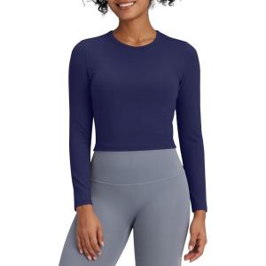 imageG4Free BareFeel Long Sleeve Workout Tops for Women Slim Athletic Gym Yoga Shirt Cropped Basic Tight ShirtNavy