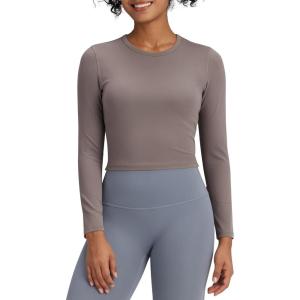 imageG4Free BareFeel Long Sleeve Workout Tops for Women Slim Athletic Gym Yoga Shirt Cropped Basic Tight ShirtTaupe