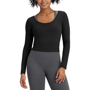 imageG4Free Barefeel Slim Fitted Womens Long Sleeve Crop Workout Tops Low Back Athletic Yoga Exercise Shirts Scoop Neck Base LayerBlack