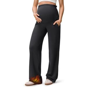 imageG4Free EverGoing Fleece Lined Maternity Wide Leg Pants Over The Belly Pregnancy Trousers with PocketsBlack