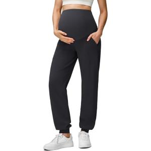 imageG4Free EverGoing Maternity Pants Stretchy Workout Lounge Pants Over The Belly Pregnancy Joggers with PocketsBlack
