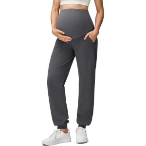 imageG4Free EverGoing Maternity Pants Stretchy Workout Lounge Pants Over The Belly Pregnancy Joggers with PocketsDark Gray