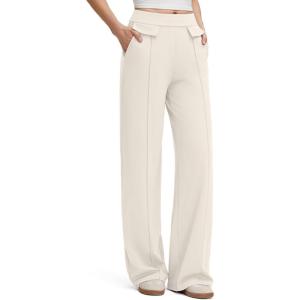 imageG4Free EverGoing Womens Wide Leg Pants High Waisted Yoga Pants Dressy Casual Trousers with PocketsIvory