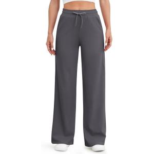 imageG4Free EverGoing Womens Wide Leg Pants High Waisted Yoga Pants with Pockets Casual Drawstring SweatpantsDeep Grey