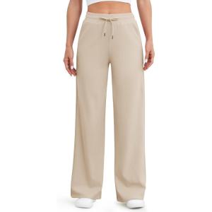imageG4Free EverGoing Womens Wide Leg Pants High Waisted Yoga Pants with Pockets Casual Drawstring SweatpantsLight Khaki