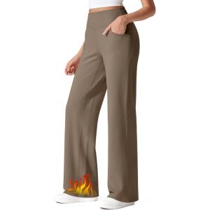 imageG4Free Fleece Lined Pants Women Wide Leg Work Trousers with Pockets High Waisted Sweatpants for Casual Dress WinterDark Brown