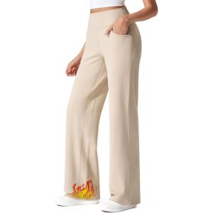 imageG4Free Fleece Lined Pants Women Wide Leg Work Trousers with Pockets High Waisted Sweatpants for Casual Dress WinterLight Khaki