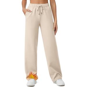 imageG4Free Fleece Lined Sweaterpants Women Elastic Drawstring Wide Leg Winter Trousers with Pockets for Casual WorkLight Khaki