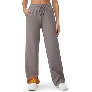 imageG4Free Fleece Lined Sweaterpants Women Elastic Drawstring Wide Leg Winter Trousers with Pockets for Casual WorkTaupe