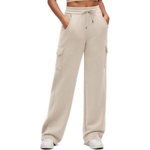 imageG4Free Smoofit Modal Soft Wide Leg Cargo Sweatpants for Women Drawstring Casual Pants with PocketsLight Khaki