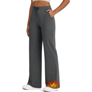 imageG4Free Wide Leg Fleece Lined Pants Women Drawstring Waist Winter Work Pants with Pockets for Casual OfficeDark Gray