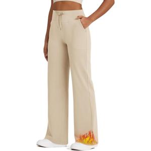 imageG4Free Wide Leg Fleece Lined Pants Women Drawstring Waist Winter Work Pants with Pockets for Casual OfficeKhaki