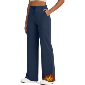 imageG4Free Wide Leg Fleece Lined Pants Women Drawstring Waist Winter Work Pants with Pockets for Casual OfficeNavy
