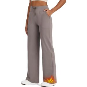 imageG4Free Wide Leg Fleece Lined Pants Women Drawstring Waist Winter Work Pants with Pockets for Casual OfficeTaupe