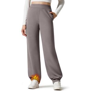 imageG4Free Womens Fleece Lined Sweatpants High Waisted Wide Leg Pants with Pockets Winter Warm Trousers CasualTaupe