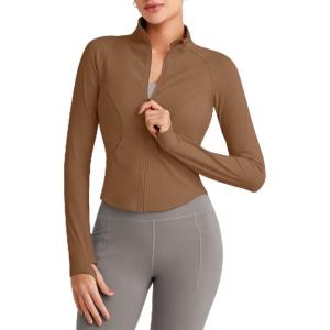 imageG4Free Workout Jackets for Woman BareFeel Cropped Zip Up Athletic Running Jacket Slim Fit Yoga Tops with Thumb HolesDark Coffee