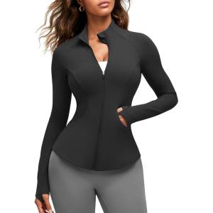 imageG4Free BareFeel Womens Workout Jacket Full Zip Up Slim Hip Length Yoga Athletic Tops with Thumb HolesBlack