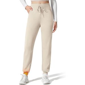 imageG4Free Barefeel Womens Fleece Lined Yoga Pants Tapered Leg Drawstring Joggers with Pockets Thermal WorkoutLight Khaki