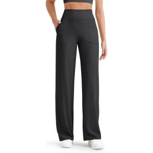 imageG4Free Womnes Ribbed Knit Wide Leg Pants with Pockets Lightweight Stretchy Yoga Pants Casual LoungeBlack