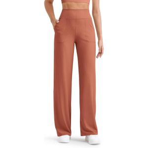 imageG4Free Womnes Ribbed Knit Wide Leg Pants with Pockets Lightweight Stretchy Yoga Pants Casual LoungeBurnt Orange