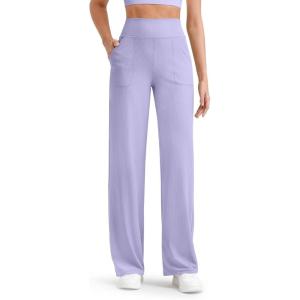 imageG4Free Womnes Ribbed Knit Wide Leg Pants with Pockets Lightweight Stretchy Yoga Pants Casual LoungeLavender