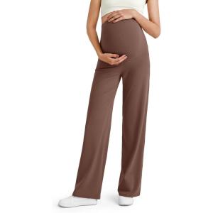 imageG4Free BareFeel Maternity Dress Yoga Pants Over The Belly Stretchy Work Slack Pregnancy Wide Leg Lounge TrousersCoffee Brown