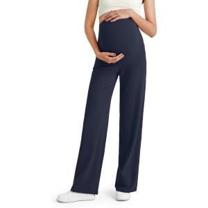 imageG4Free BareFeel Maternity Dress Yoga Pants Over The Belly Stretchy Work Slack Pregnancy Wide Leg Lounge TrousersDark Blue