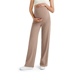 imageG4Free BareFeel Maternity Dress Yoga Pants Over The Belly Stretchy Work Slack Pregnancy Wide Leg Lounge TrousersToffee