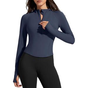 imageG4Free BareFeel Womens Half Zip Pullover Hoodies Slim Fit Yoga Running Long Sleeve Tops with ThumbholesDark Navy