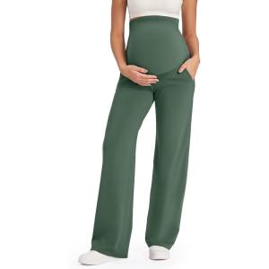 imageG4Free Maternity Pants Over The Belly Yoga Dress Work Pregnancy Pants Stretchy Lounge Wide Leg Trousers with PocketsDark Forest Green