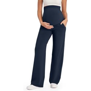 imageG4Free Maternity Pants Over The Belly Yoga Dress Work Pregnancy Pants Stretchy Lounge Wide Leg Trousers with PocketsDark Navy